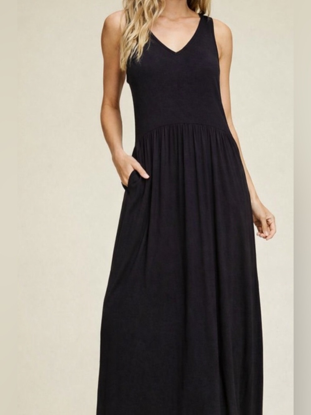 Garnet Hill Black V-Neck Sleeveless Maxi Dress with Pockets